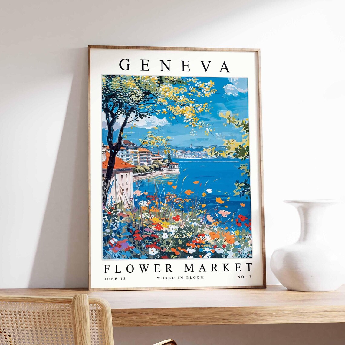 Geneva Flower Market Lakeside Tree Wildflower Meadow Scene Poster
