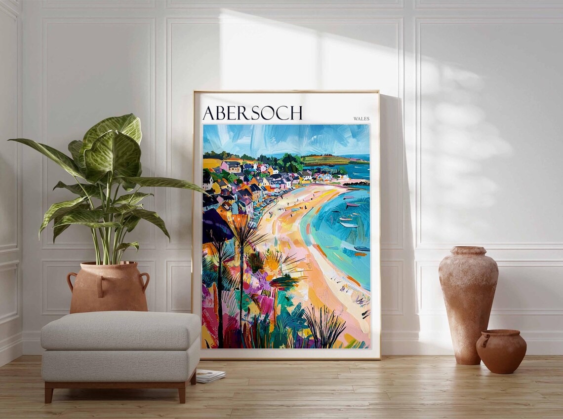 Abersoch Wales Vibrant Abstract Beach Palms Art Travel Collection Poster - Image 3