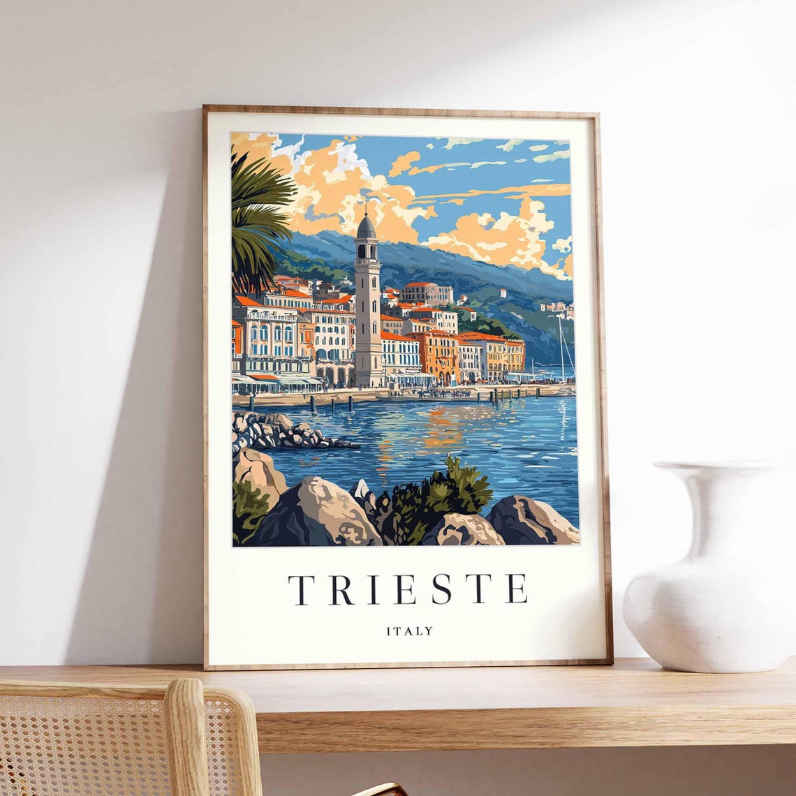 Trieste Italy Seaside Tower Rocky Shore Mediterranean Sunset Poster
