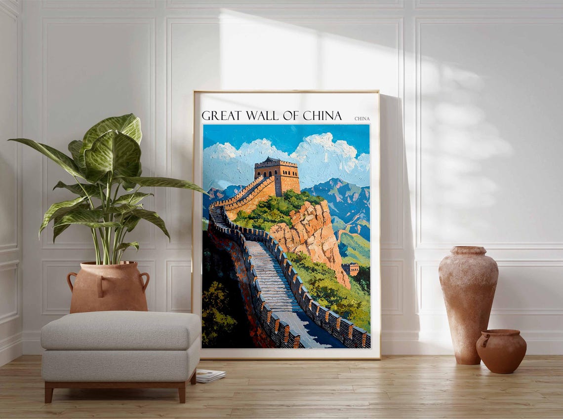 Great Wall of China Watchtower on Rocky Cliff Blue Sky Poster - Image 2