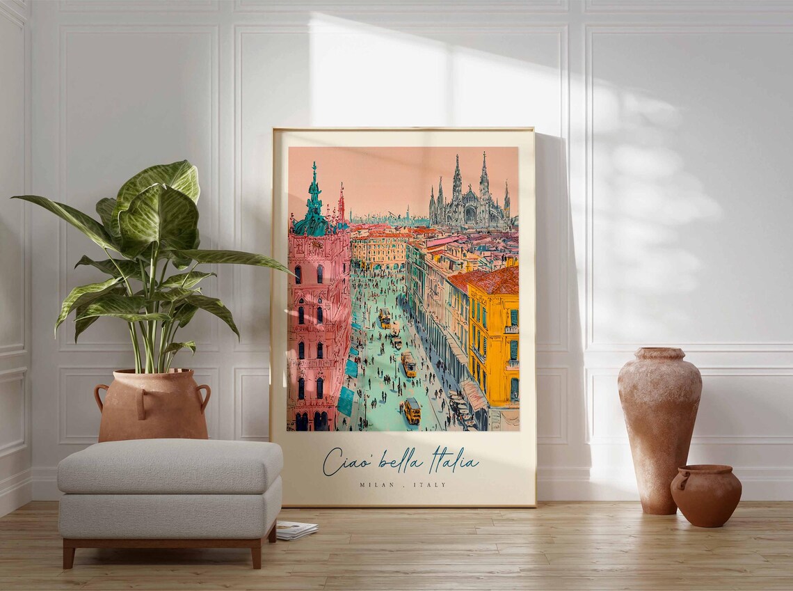 Milan Piazza Duomo Aerial Trams Pastel Italy Travel City Poster - Image 3