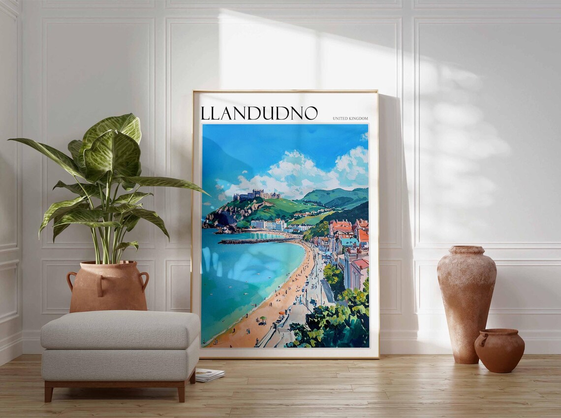 Llandudno United Kingdom Sandy Beach Castle Hill Coastal Art Poster - Image 3