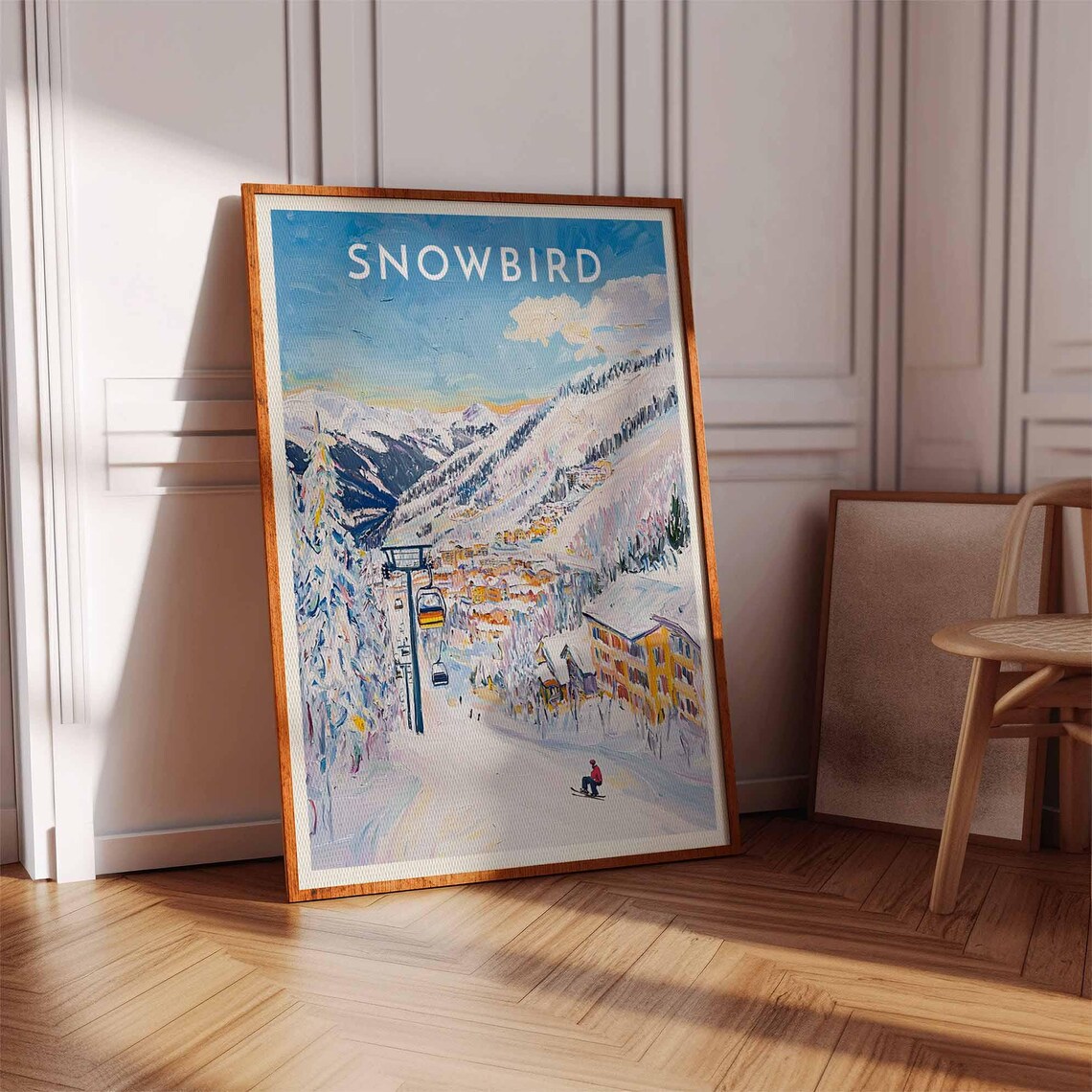 Snowbird Orange Chairlift Gliding Above the Alpine Village Poster - Image 3