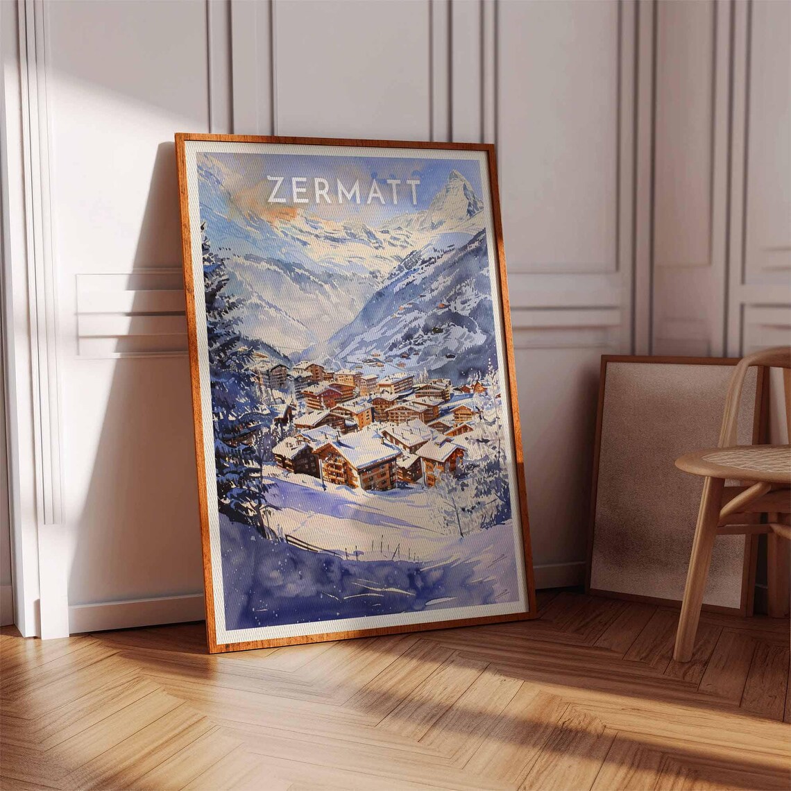Zermatt Watercolor Village Valley Matterhorn Sunset Glow Poster - Image 3