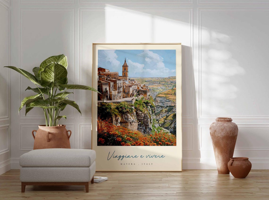 Matera Sassi Ravine Orange Wildflowers Painterly Italy Travel Poster - Image 3