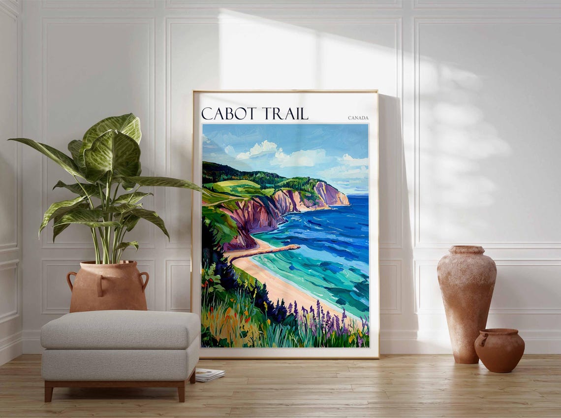 Cabot Trail Canada Sandy Beach Cove and Cliffs Oil Painting Poster - Image 2