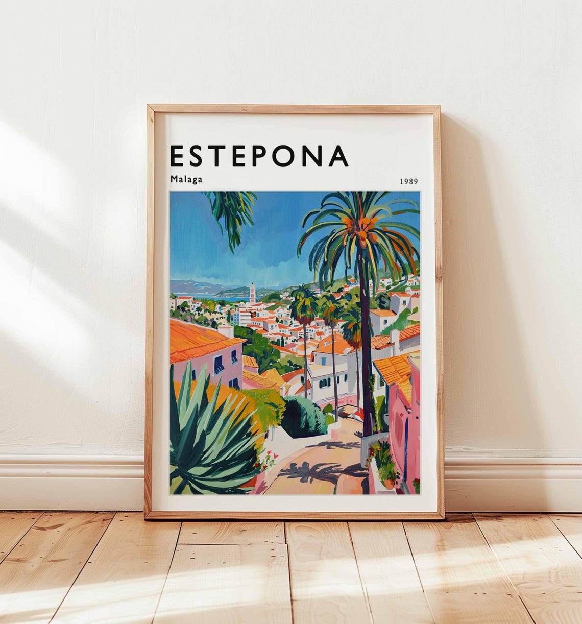 Estepona Malaga 1989 Palm Lined Town View Lighthouse Travel Poster