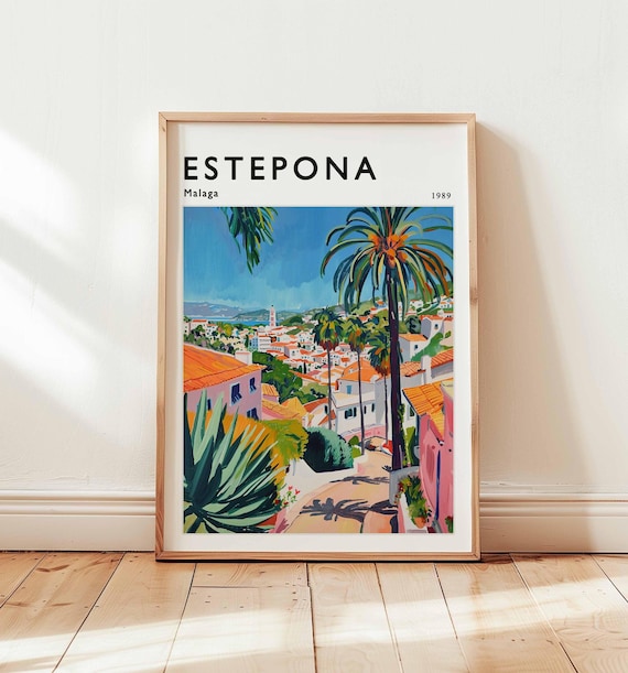 Estepona Malaga 1989 Palm Lined Town View Lighthouse Travel Poster