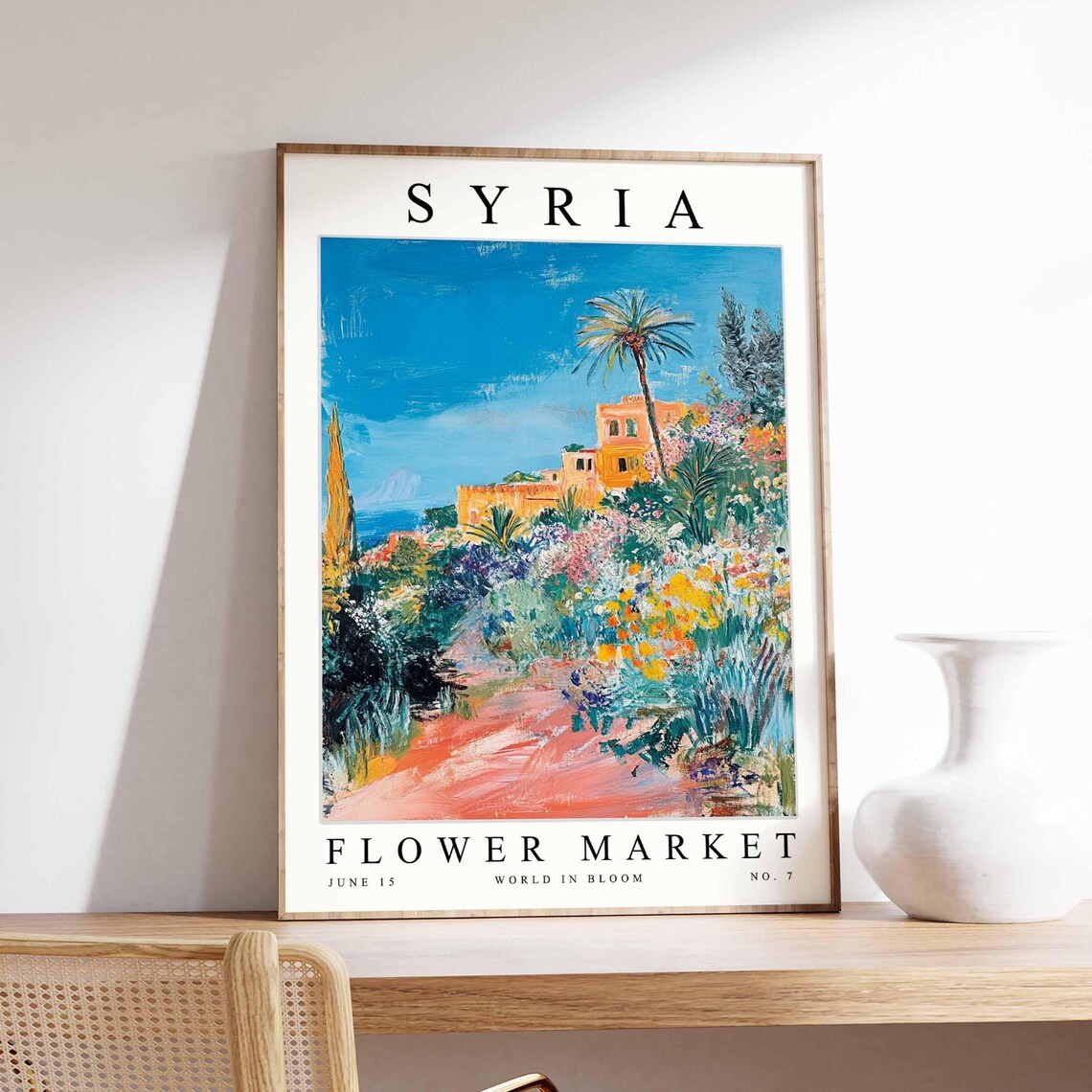 Syria Hillside Palm Village Colorful Flower Path Bright Art Poster