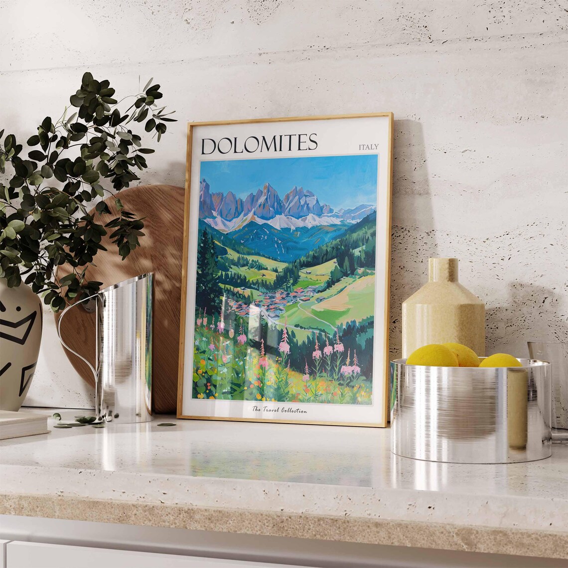 Dolomites Italy Painted Alpine Valley Wildflower Travel Poster Scene - Image 3