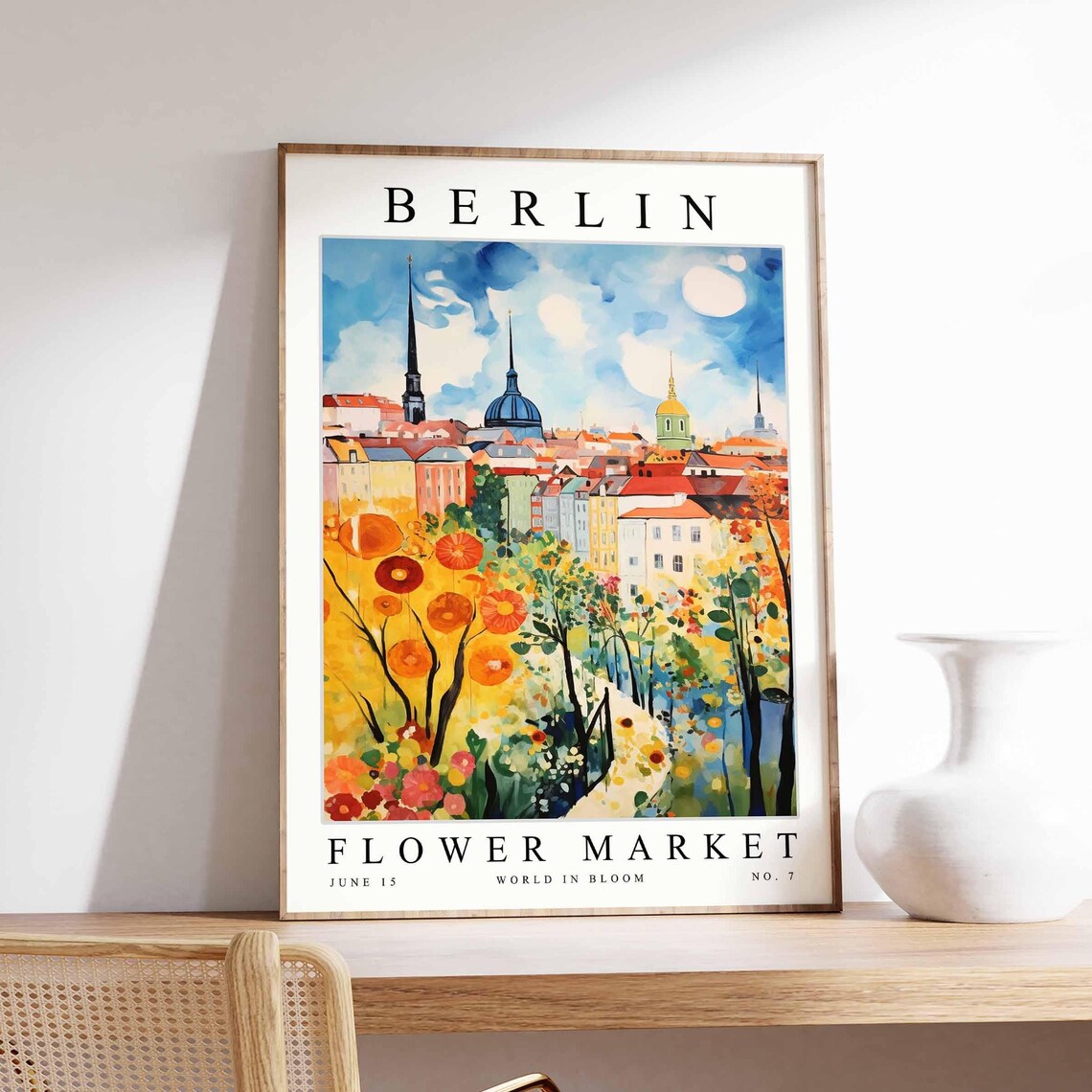 Berlin Flower Market Watercolor Skyline Orange Poppy Travel Poster