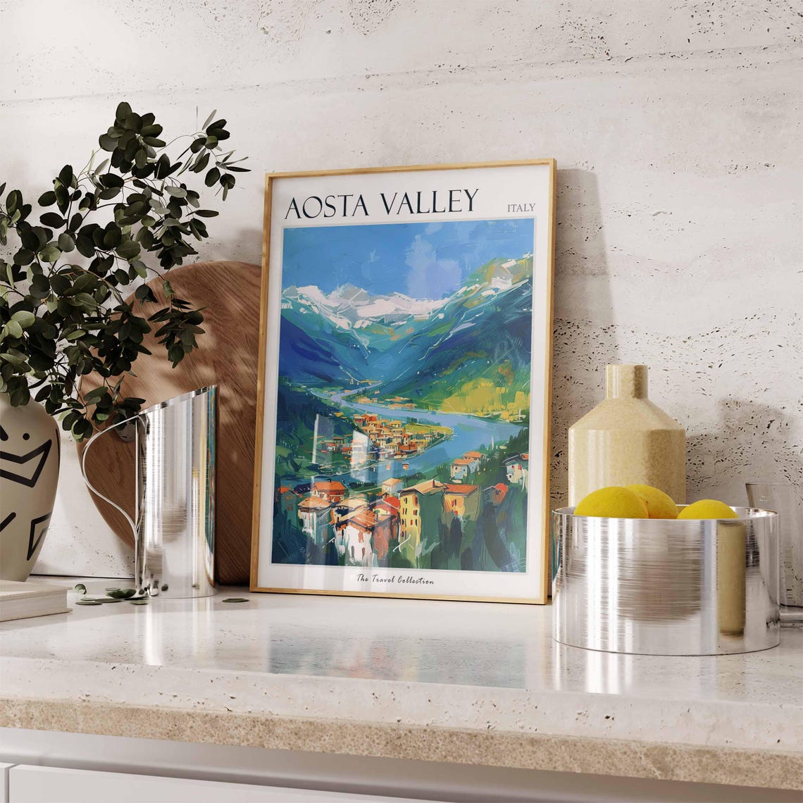 Aosta Valley Italy River Valley Village Snowy Mountain View Poster - Image 2