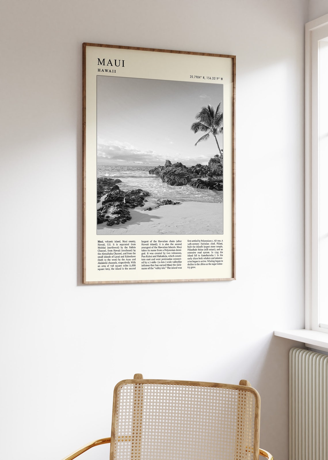 Maui Hawaii Black and White Rocky Coastline Palm Tree Travel Poster - Image 2