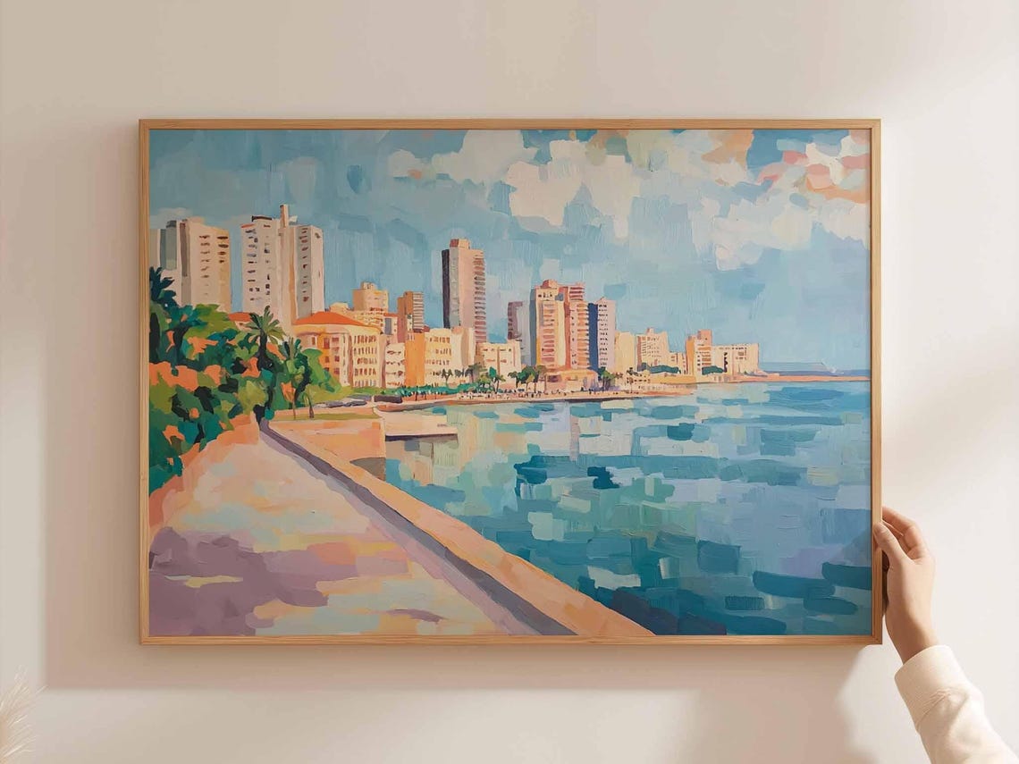 Impressionist Waterfront City Skyline Blue Harbor Painting Poster