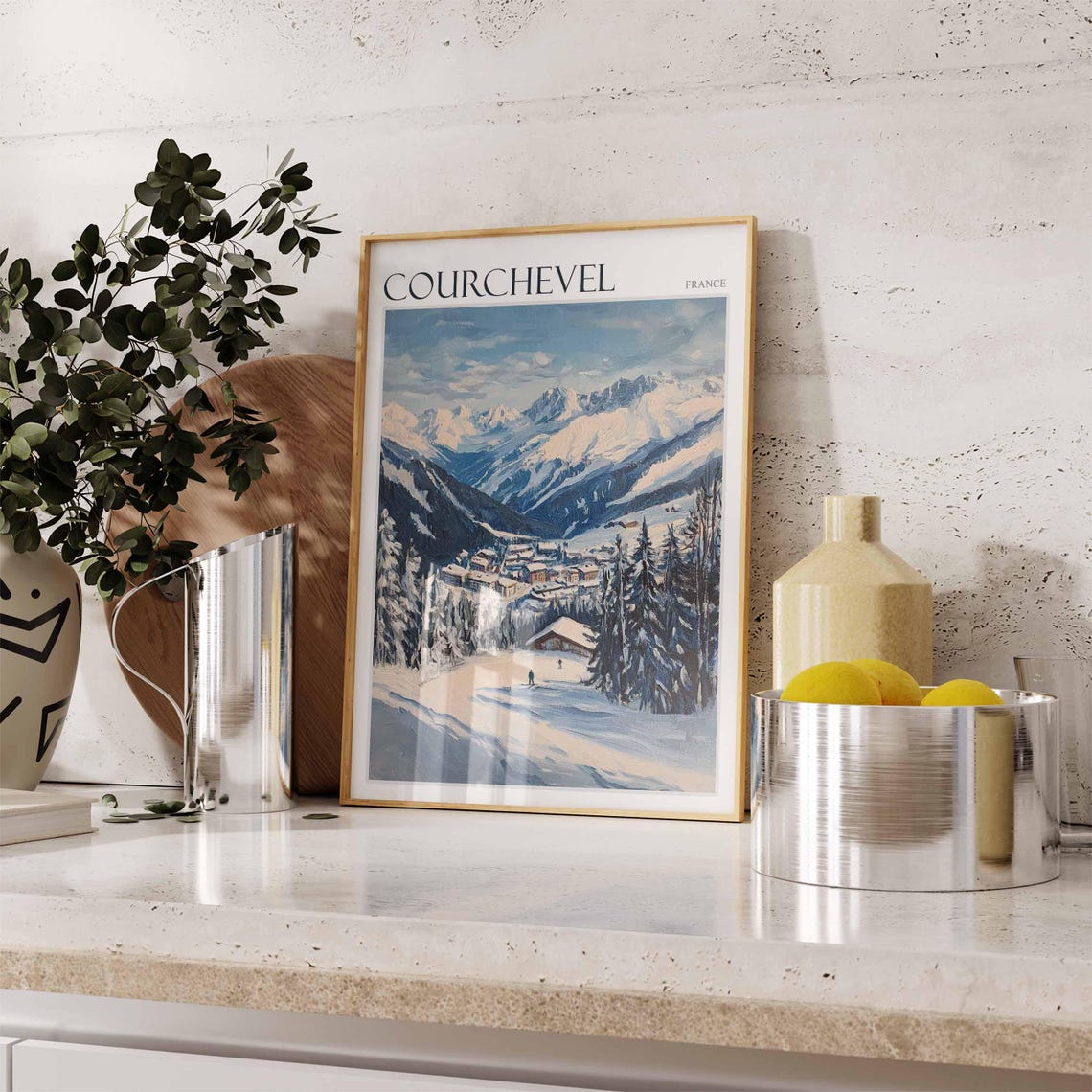 Courchevel France Curving Ski Slope Blue Oil Painting Poster - Image 2