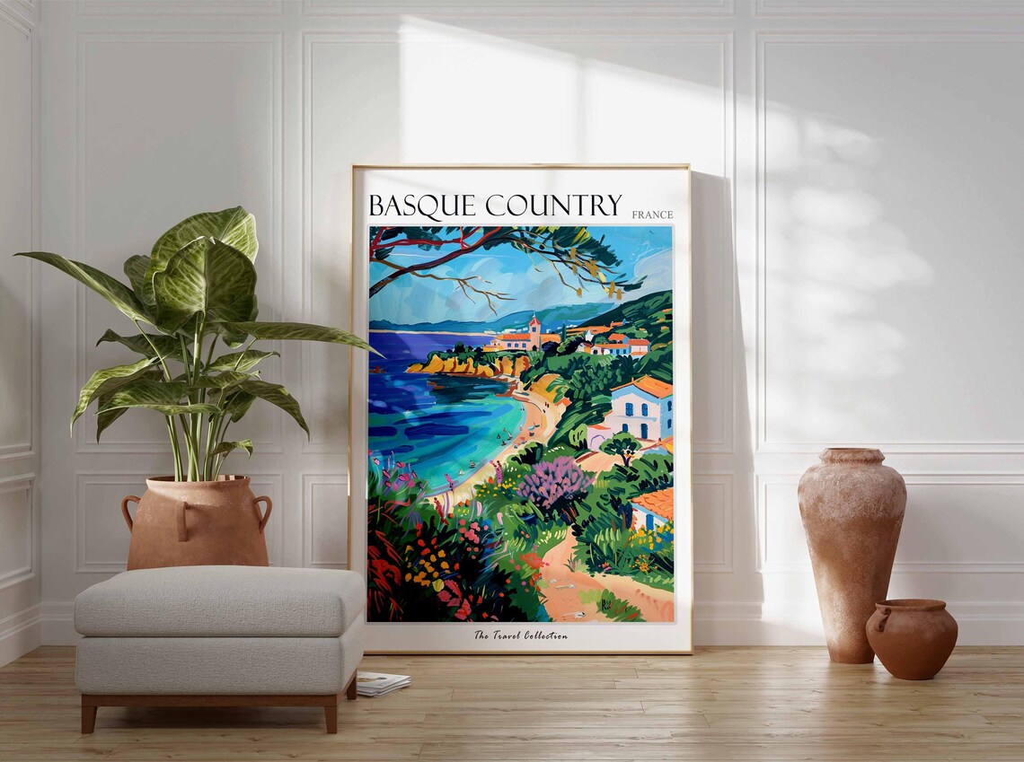 Basque Country France Turquoise Cove Sandy Beach Village Poster - Image 3