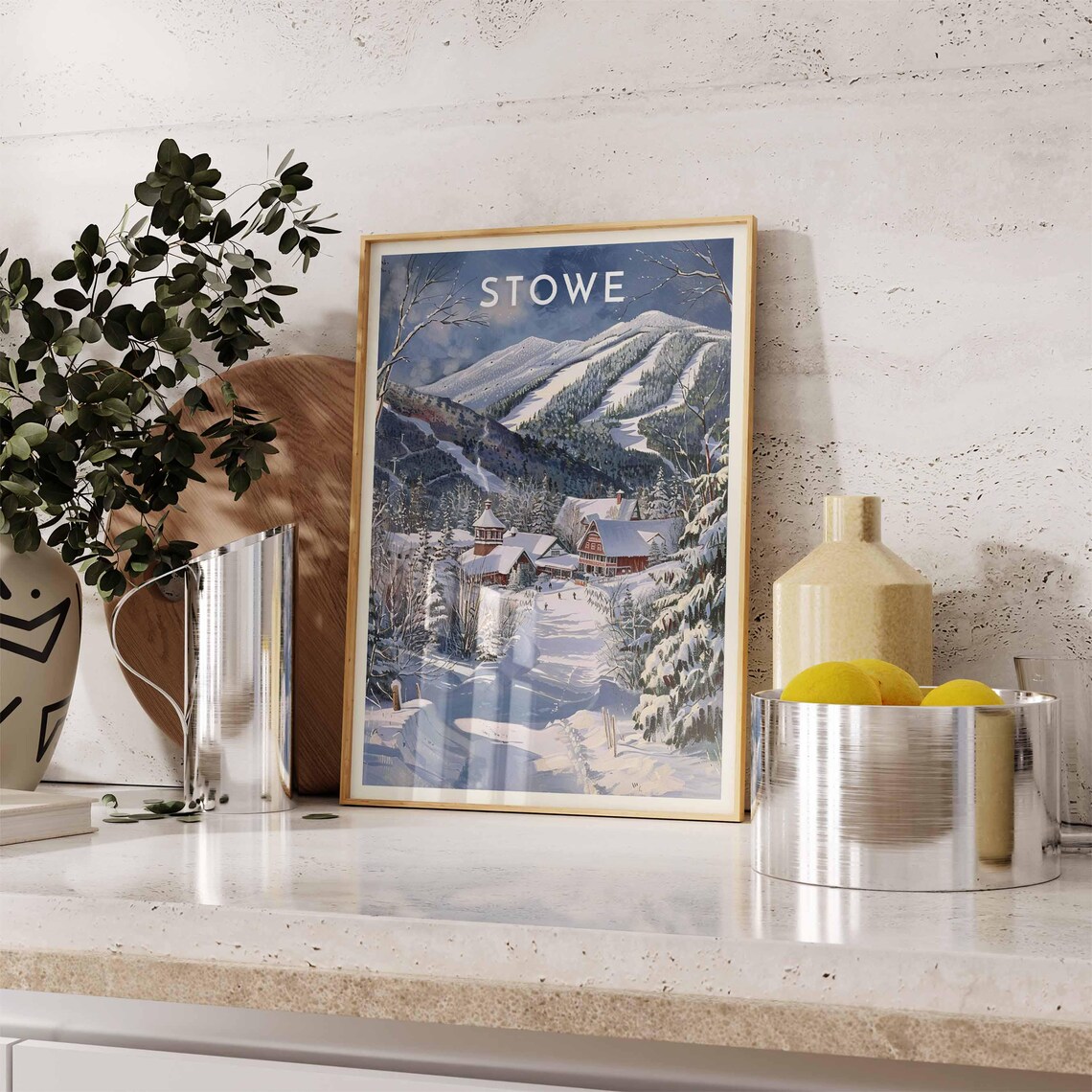 Stowe Vermont Ski Village Moonlit Mountain Winter Night Poster - Image 2