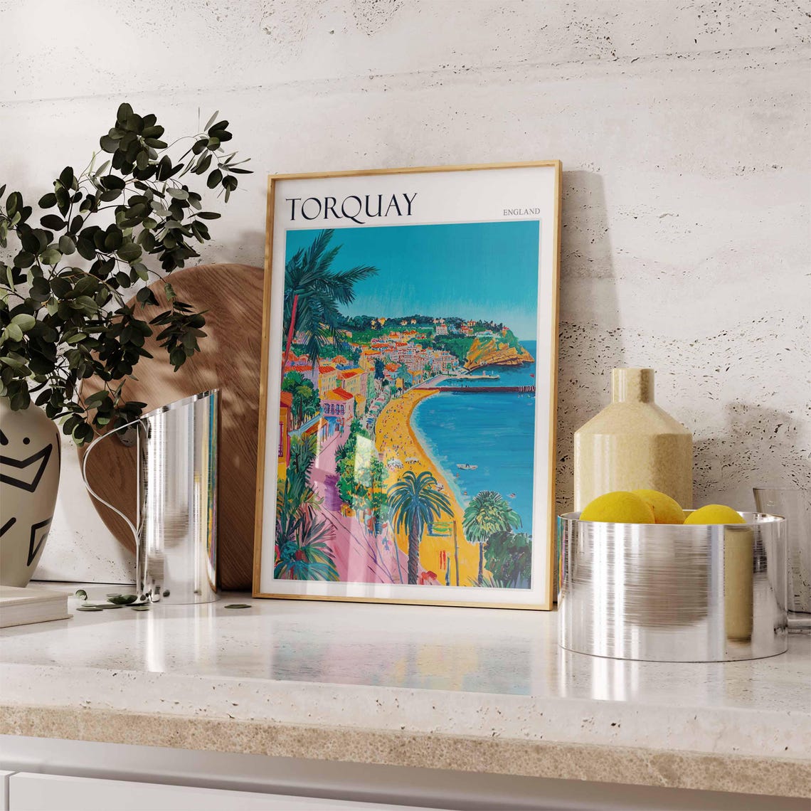 Torquay England Vibrant Coastal Bay Beach Palm Trees Colorful Poster - Image 2