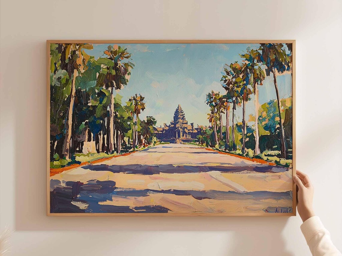 Angkor Wat Palm Avenue Impressionist Oil Painting Cambodia Poster