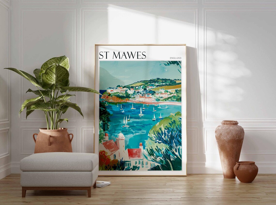 St Mawes England Turquoise Bay with Sailboats and Coastal Village Poster - Image 2