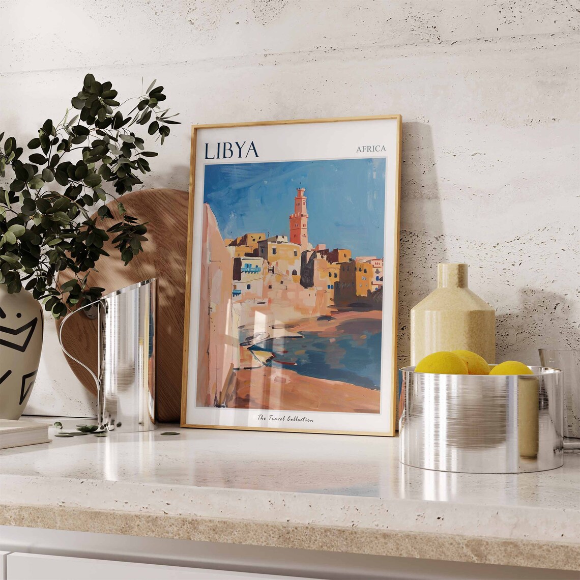 Libya Africa Sunlit Medina Travel Poster with Minaret by the Sea - Image 2