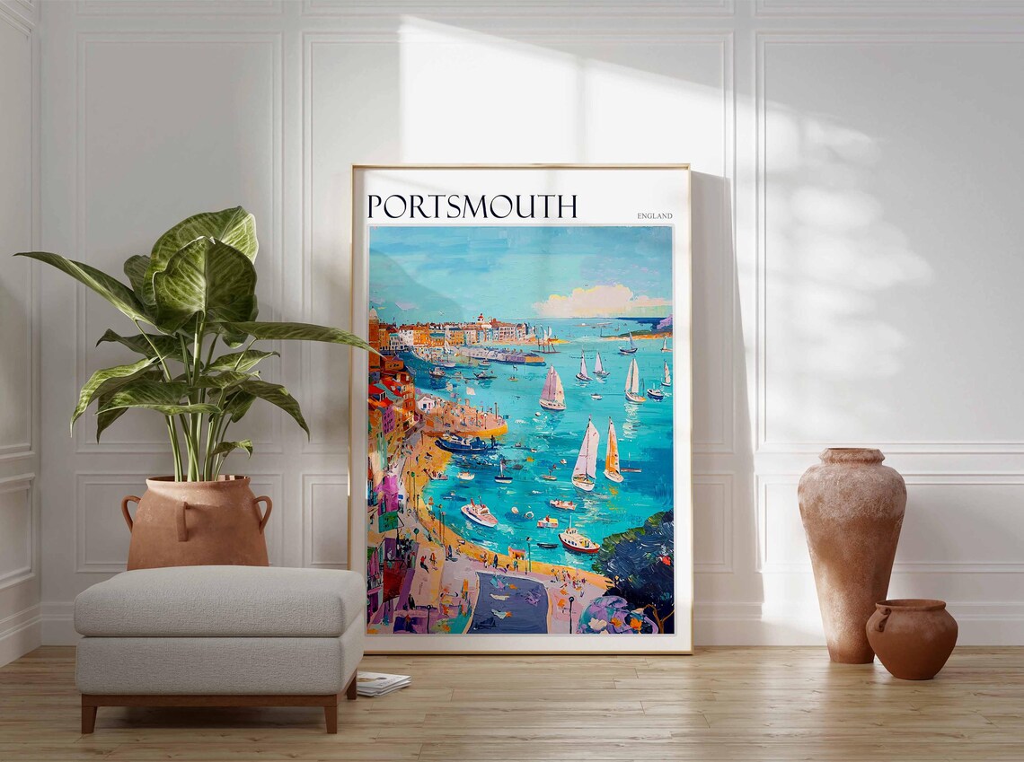 Portsmouth England Aerial Harbor View Sailboats Beach Art Poster - Image 4
