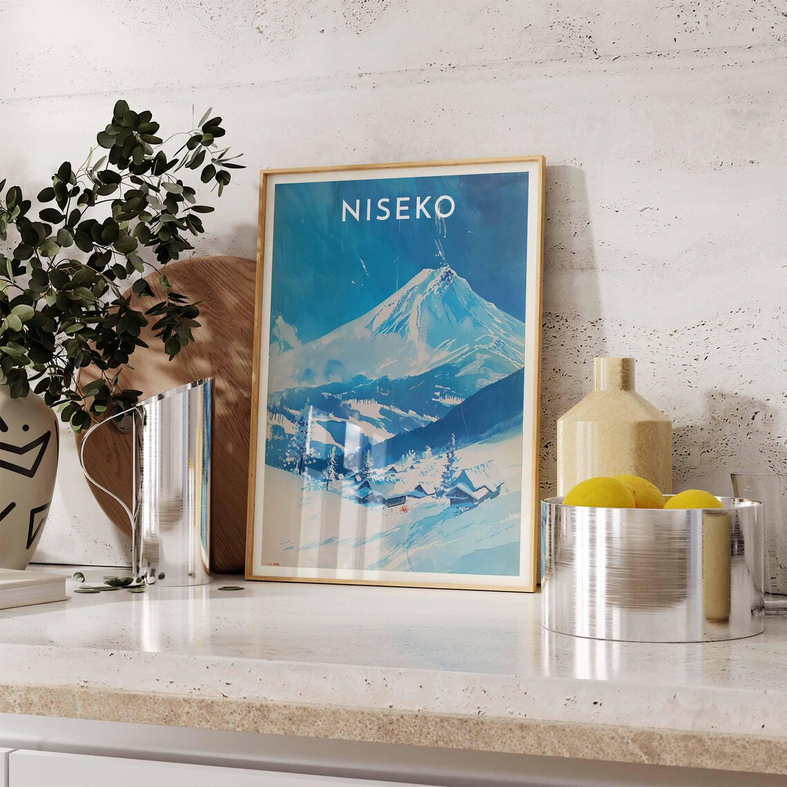 Niseko Japan Minimalist Blue Airy Peak Tiny Village Watercolor Poster - Image 2