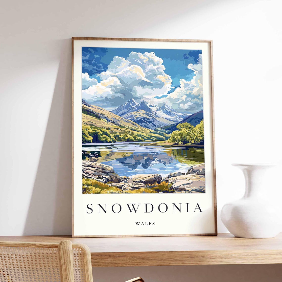 Snowdonia Wales Mirror Lake Dramatic Clouds Mountain Travel Poster
