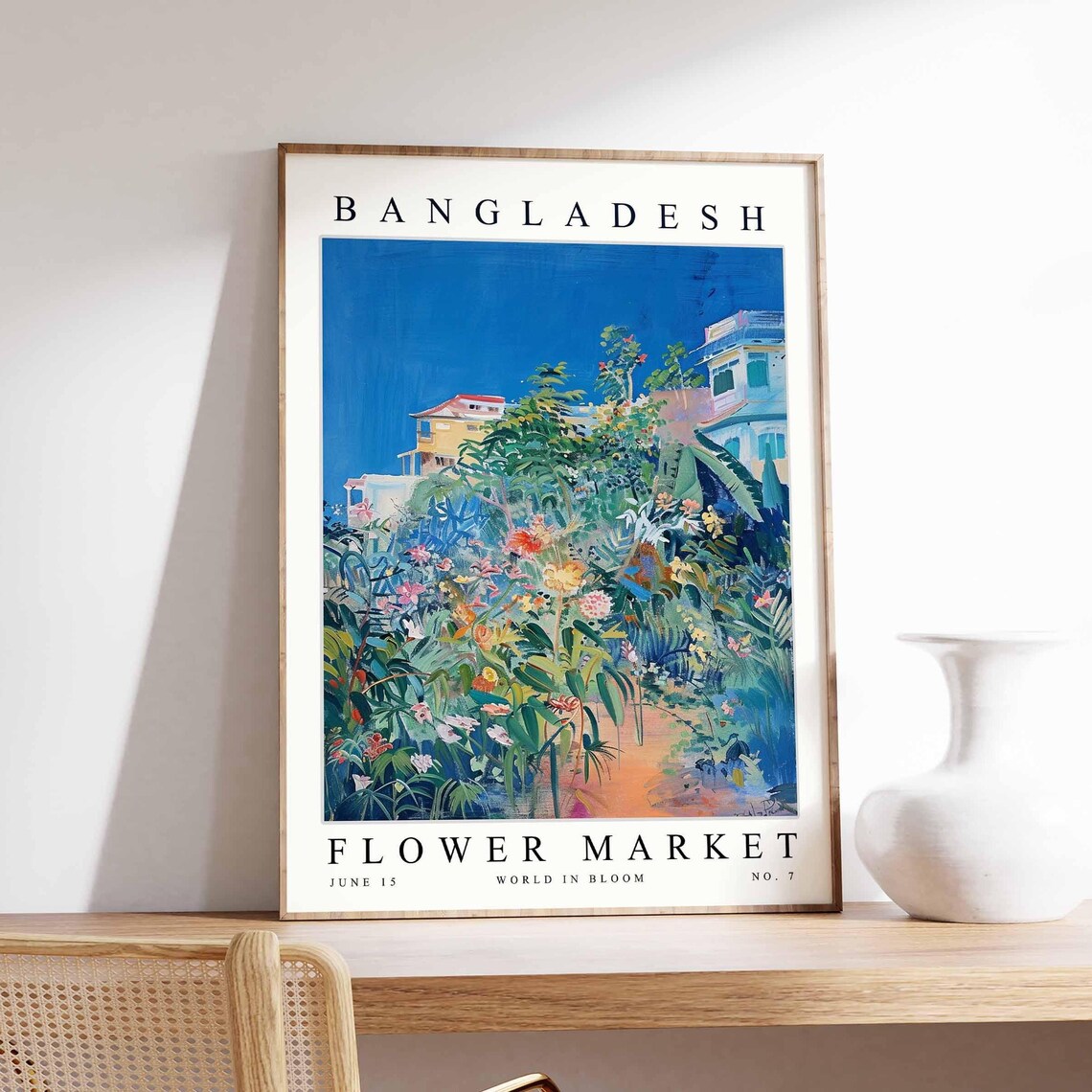 Bangladesh Lush Garden Cottages Deep Blue Sky Flower Market Poster