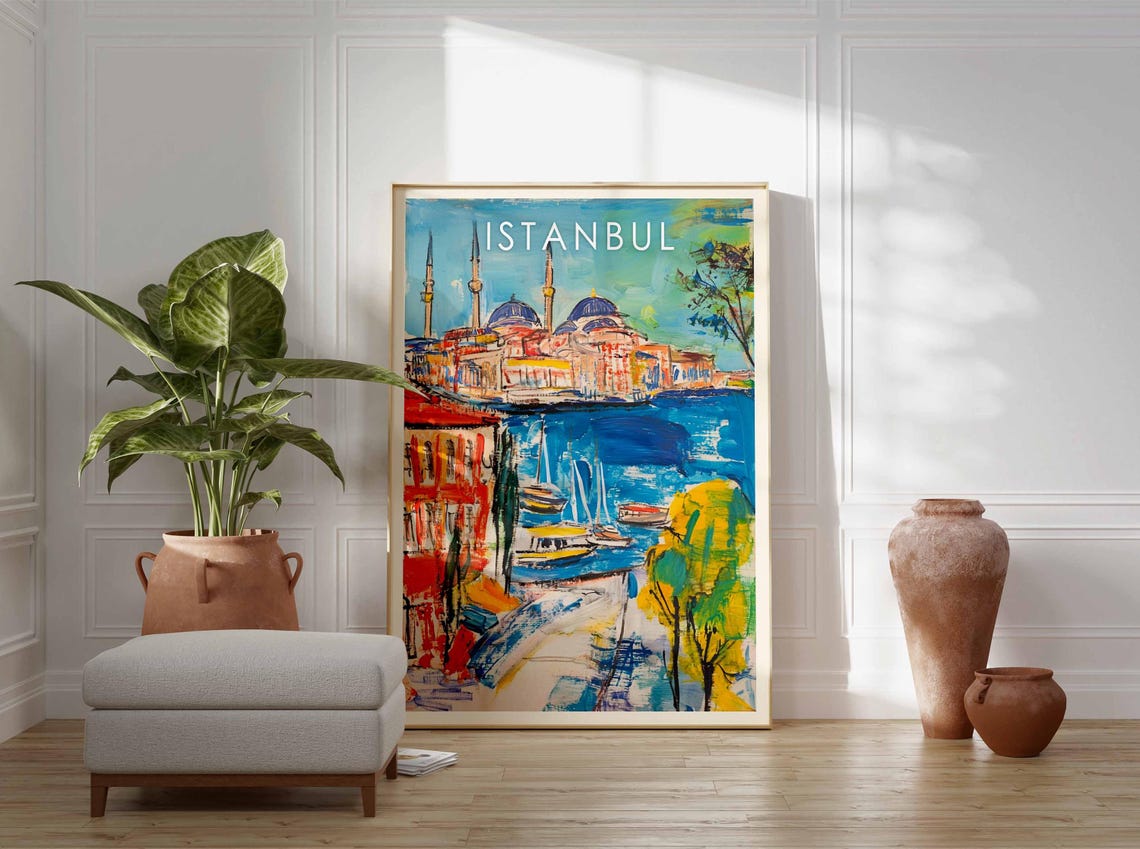 Istanbul Turkey Bold Brushwork Mosque Harbor Waterfront Travel Poster - Image 2