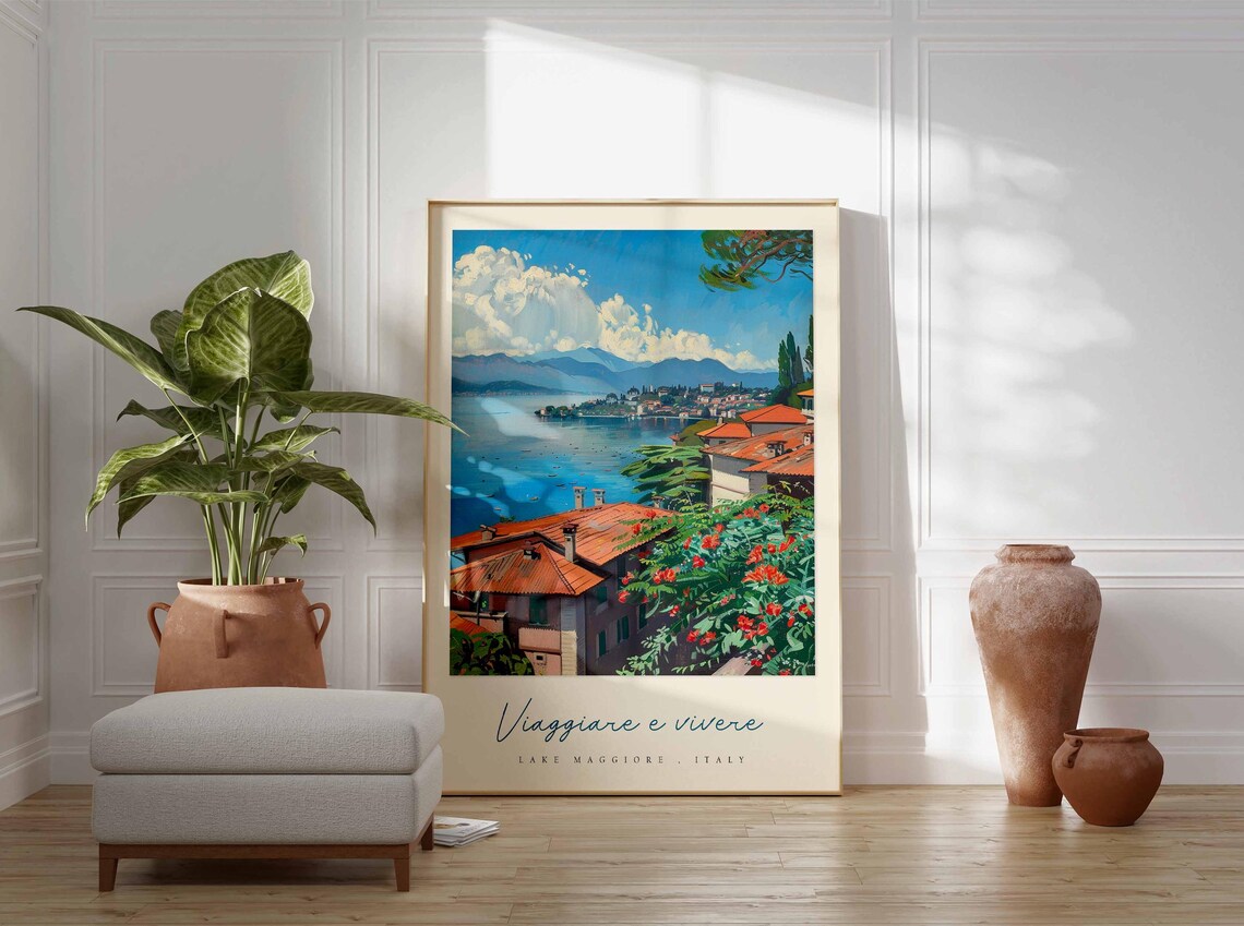 Lake Maggiore Terracotta Rooftops Lake Vista Watercolor Poster - Image 3