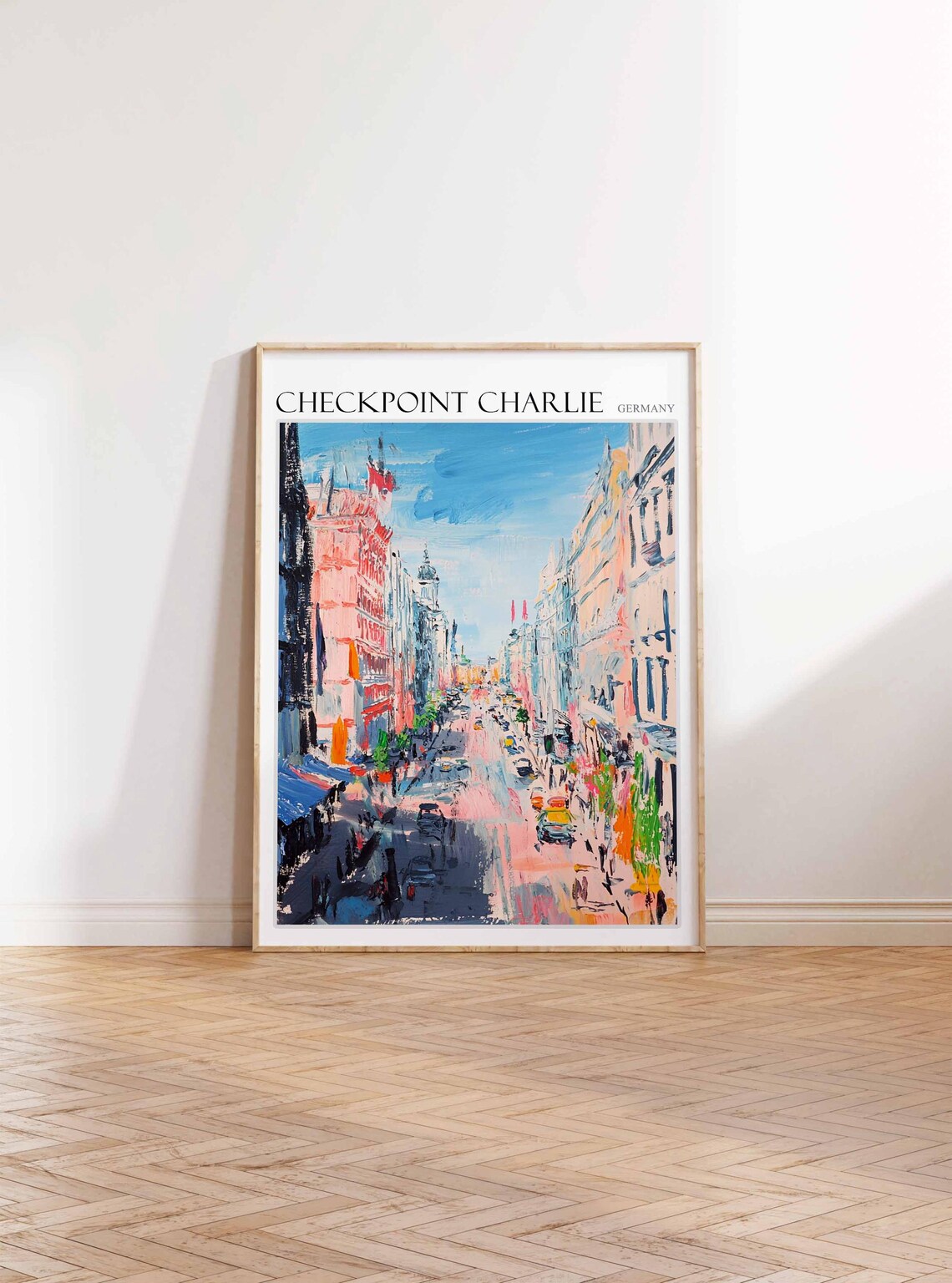 Checkpoint Charlie Berlin Pastel City Street and Cars Oil Poster - Image 3
