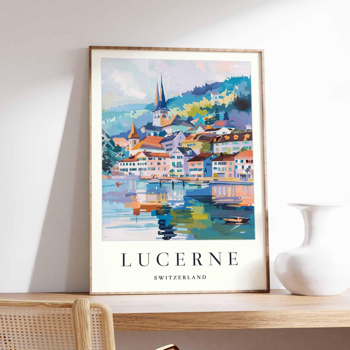 Lucerne Switzerland Painterly Lakeside Town Lake Reflection Poster