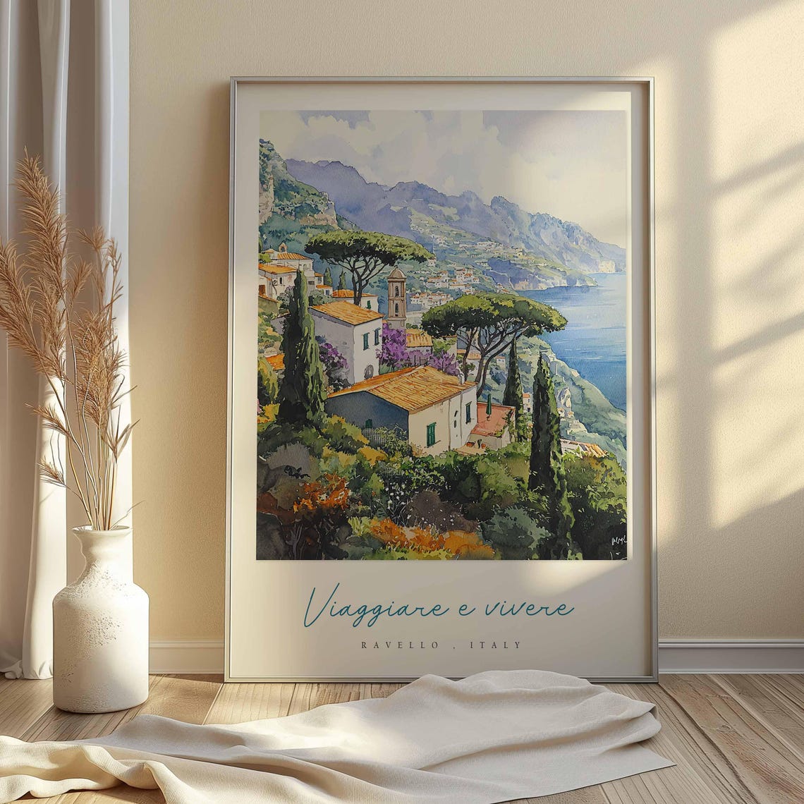 Ravello Italy Cypress Hillside Watercolor Villa Coast Scene Poster - Image 2