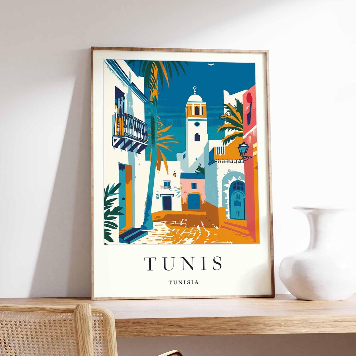 Tunis Tunisia Medina Street with Minaret Night Blue Travel Poster