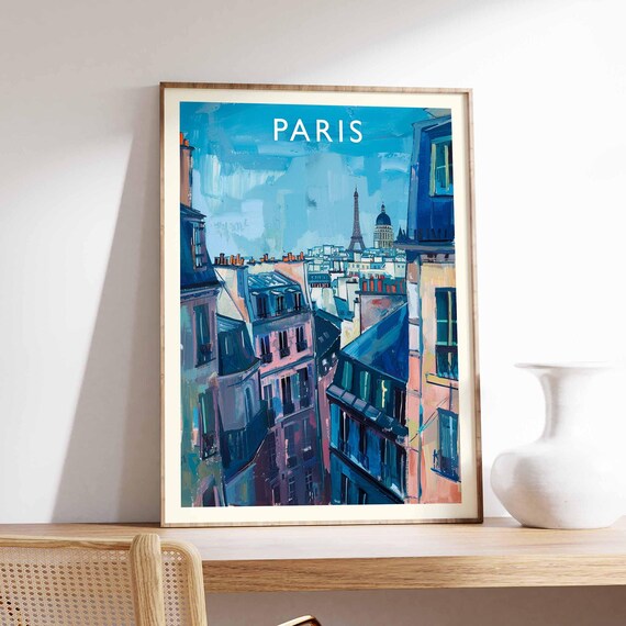Paris Poster France Travel Print Eiffel Tower Cityscape Wall Decor Louvre Museum View Parisian City Gift