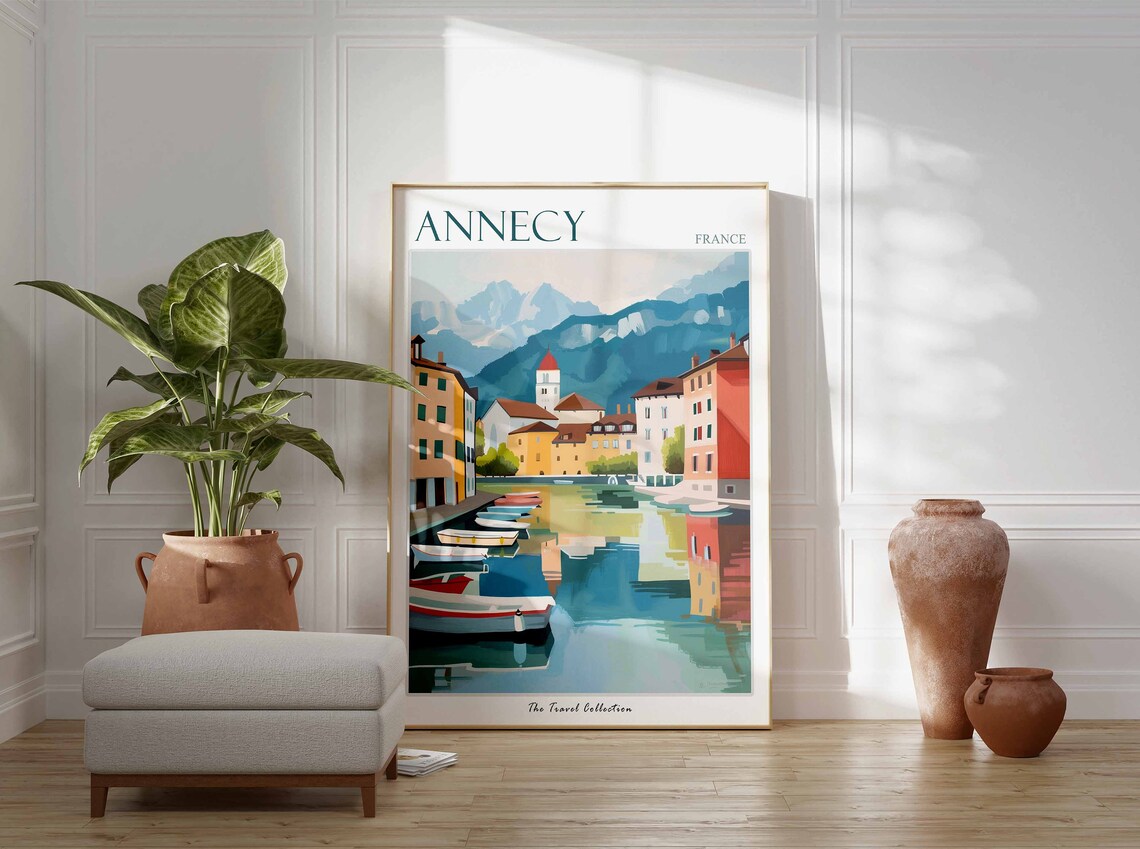 Annecy France Travel Poster Lake Harbor Boats Church Mountain View - Image 3