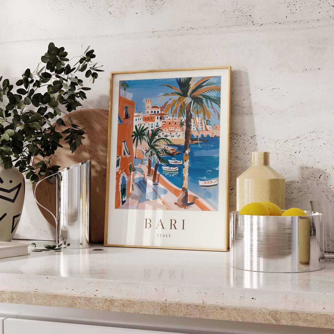 Bari Italy Harbor Coastline Palm Trees Fishing Boats Travel Poster - Image 3