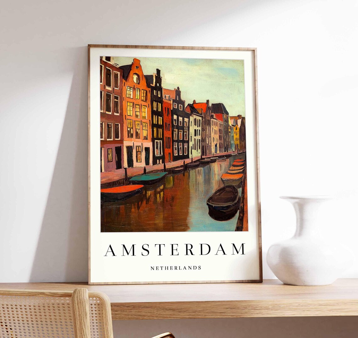 Amsterdam Vintage Travel Poster, Dutch Canal Houses