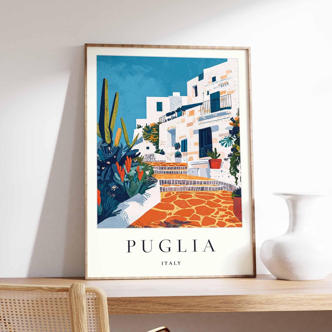 Puglia Italy White Stone Buildings Terracotta Steps Cacti Poster