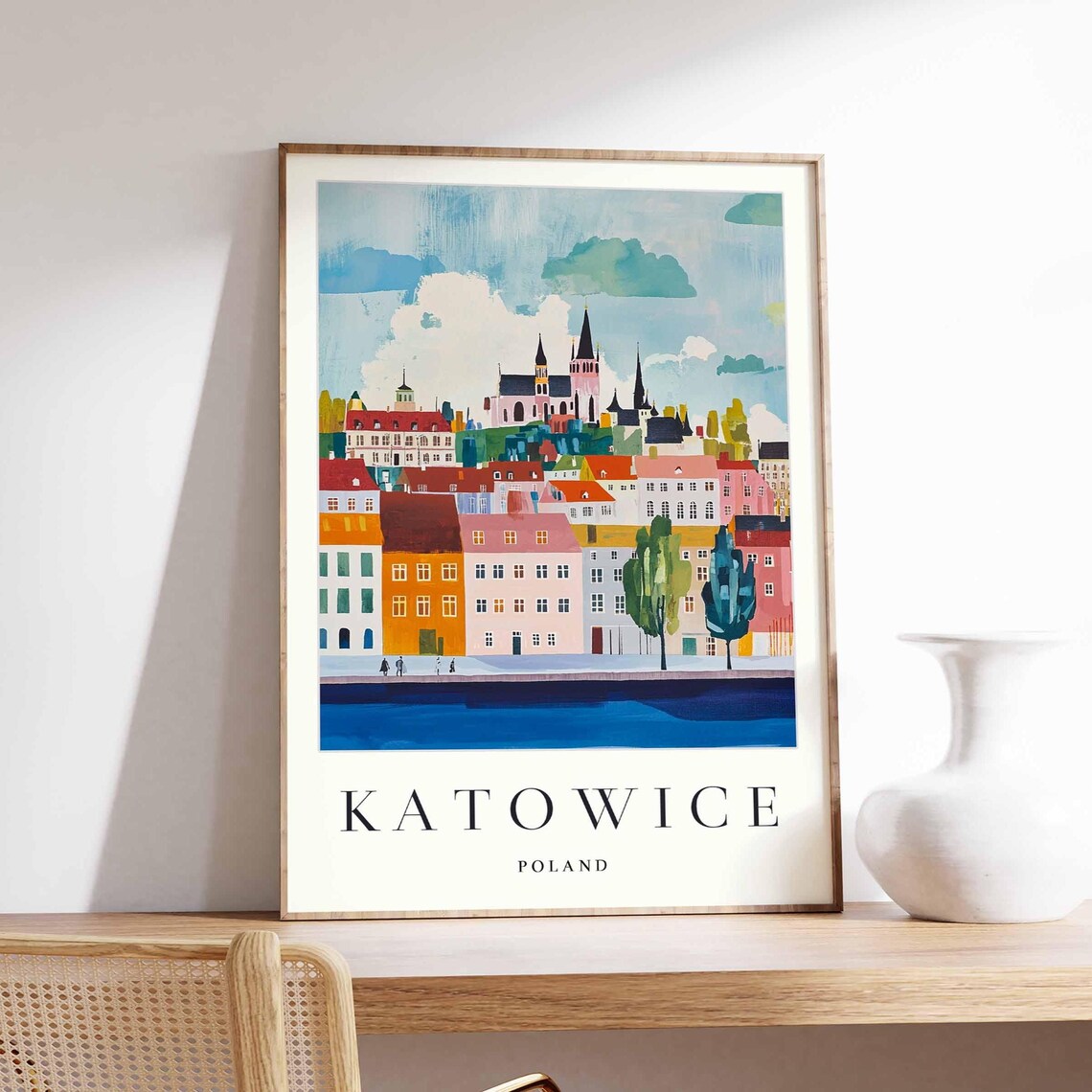 Katowice Poland Riverside City Skyline Colorful Houses Art Poster
