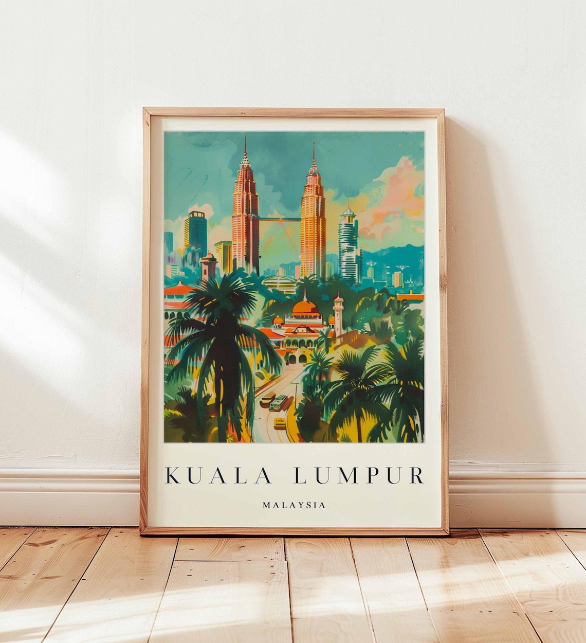Kuala Lumpur Malaysia Sunset Travel Poster Petronas Towers Mosque Palms