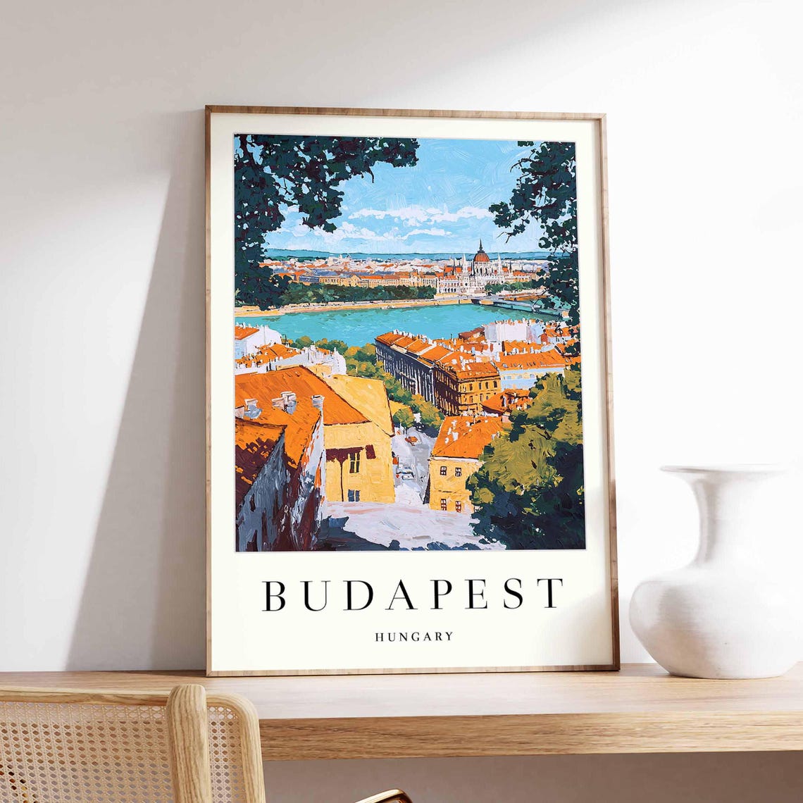 Budapest Parliament River View Between Trees Rooftops Poster