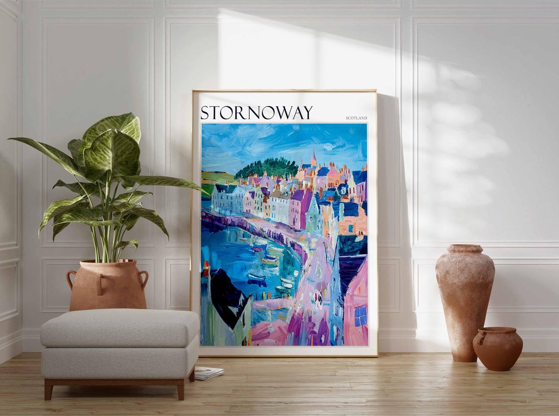 Stornoway Purple Waterfront Colorful Village Painterly Harbor Poster - Image 2