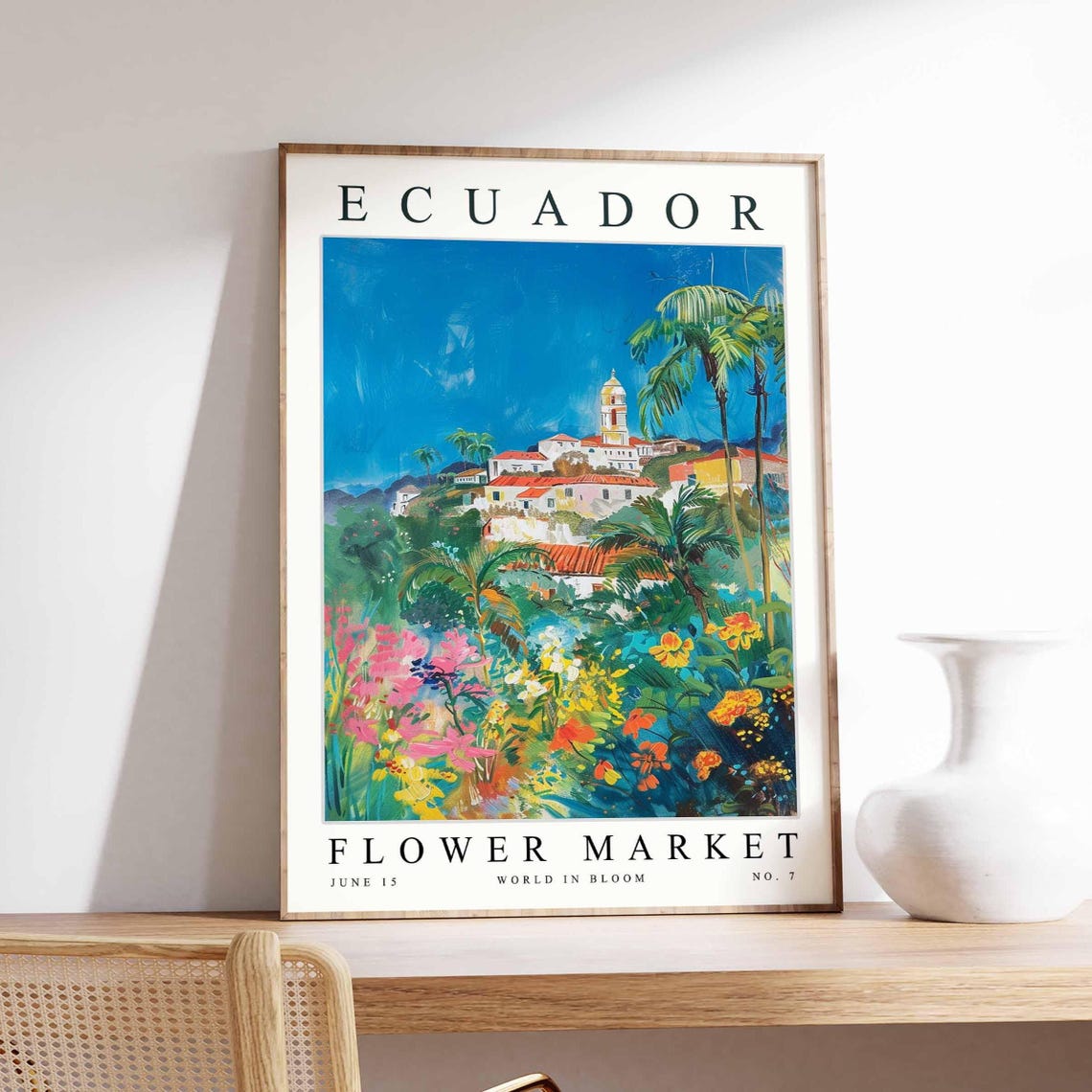 Ecuador Flower Market Hillside Church Tower Tropical Bloom Poster