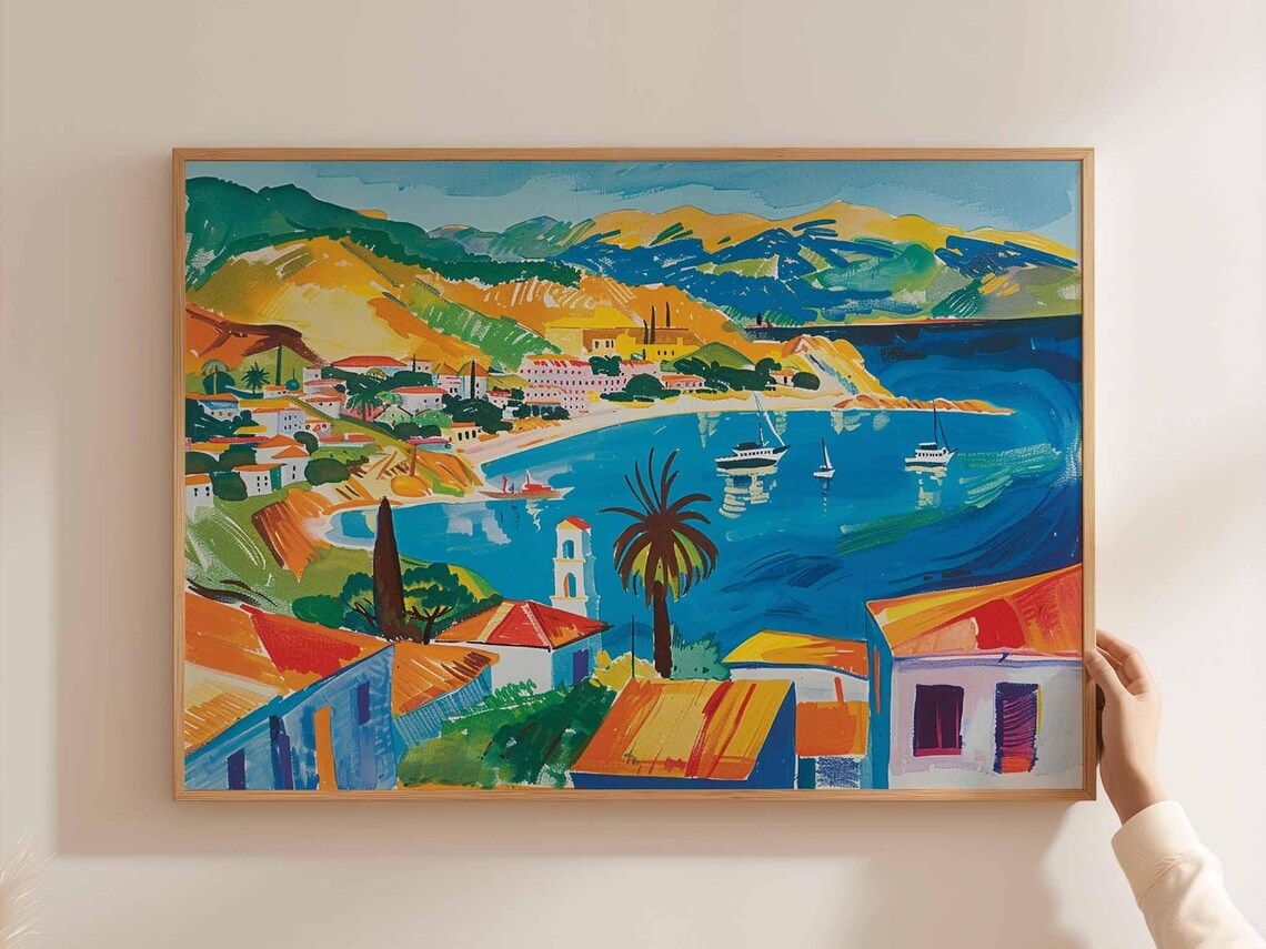 Chile Painted Coastal Bay Boats Church Tower Hills Scenic Art Poster