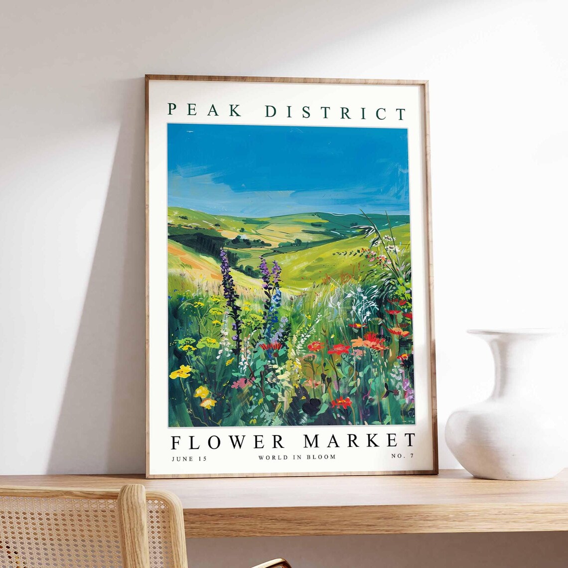 Peak District Green Hills Wildflower Meadow Delphinium Sky Poster