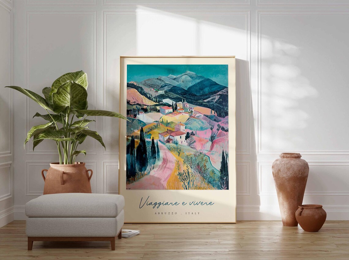 Abruzzo Pastel Mountain Village Pink Road Colorful Art Poster - Image 3