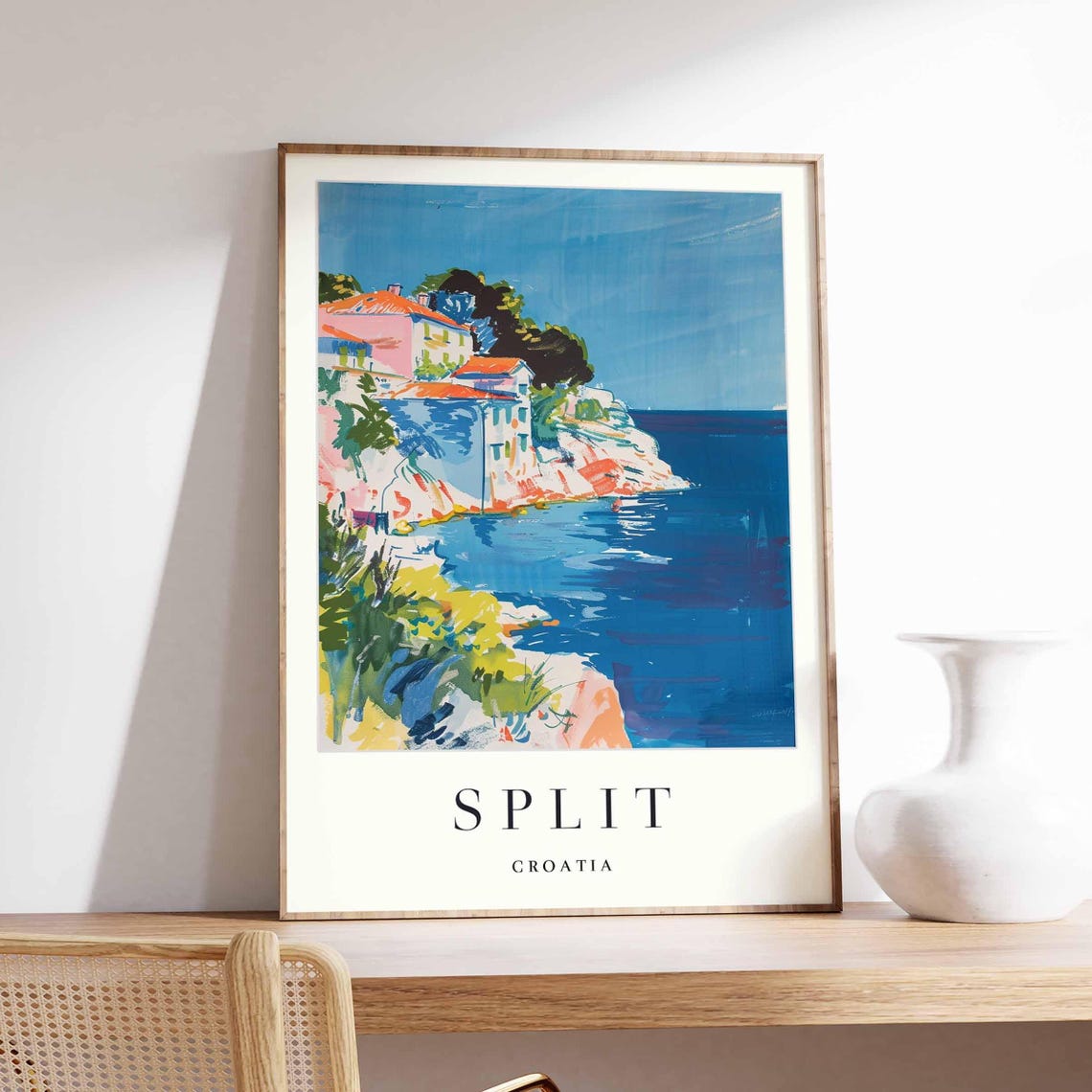 Split Croatia Pastel Cliff Houses Overlooking the Sea Art Poster