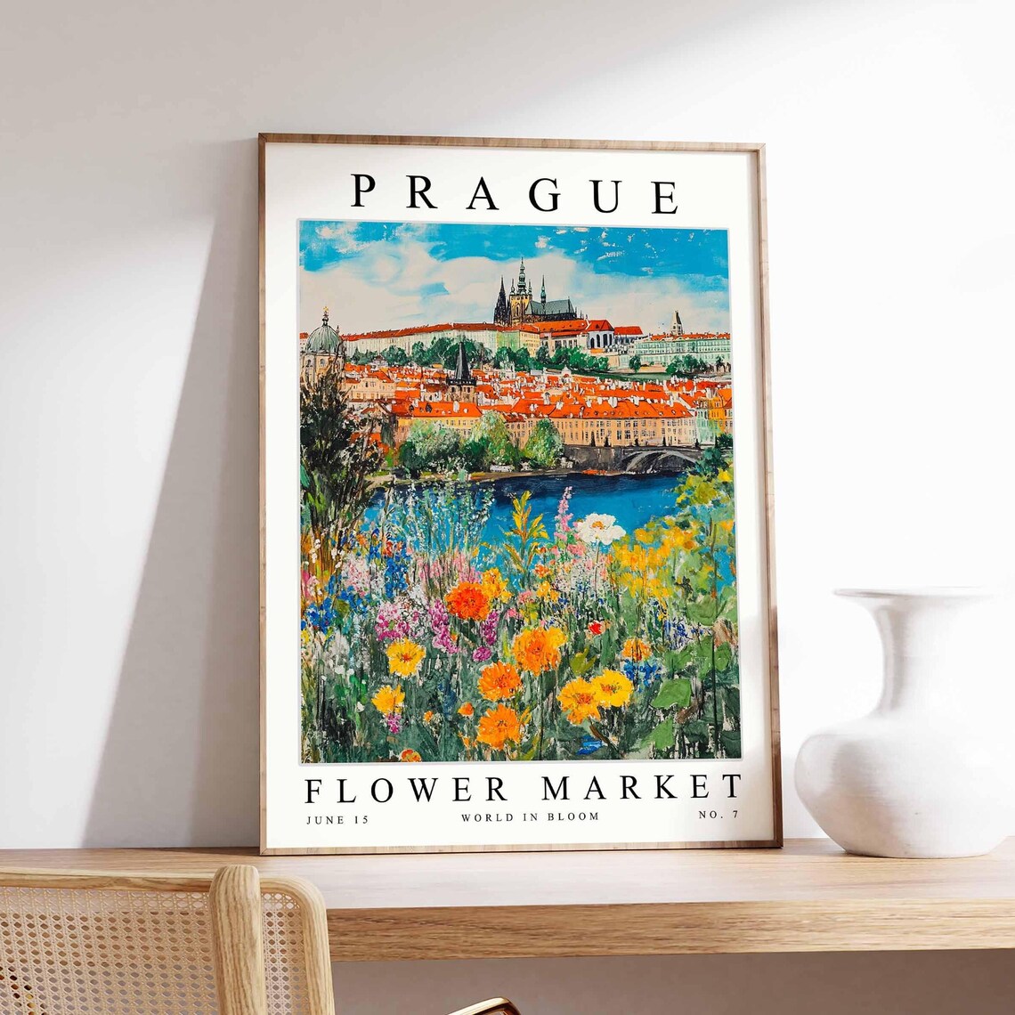 Prague Castle Across Vltava Marigold Wildflower Bank Travel Poster